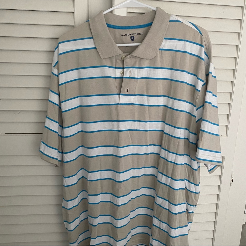 Saddlebred Men's Polo Shirt - Beige and Blue Stripes (Bundle to Save!)
